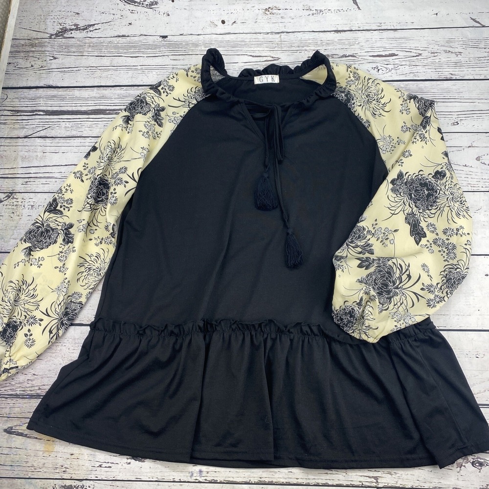 GYK Black Floral Print Tassel Tie Ruffle Peplum Tunic Top Womens Sz L